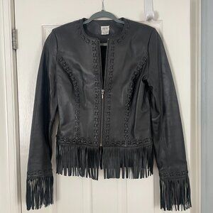 Cache black leather jacket with fringe at hem and cuff, size 4